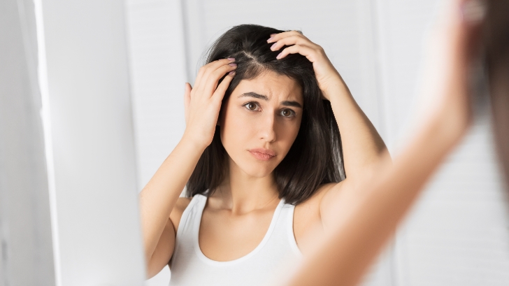 Femme qui observe ses cheveux